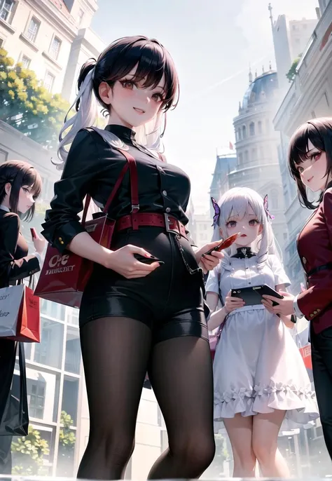 masterpiece, best quality, ultra-detailed,texture, detail eyes,8k,((a group of young girls shopping on London street)),luxury,white hair,black hair,red hair,smiling,thinking,super car,dynamic angle,smartphone,(shopping bags),flower,butterfly,(head on frame),wide angle,from below,knife,blood,yandere,stab