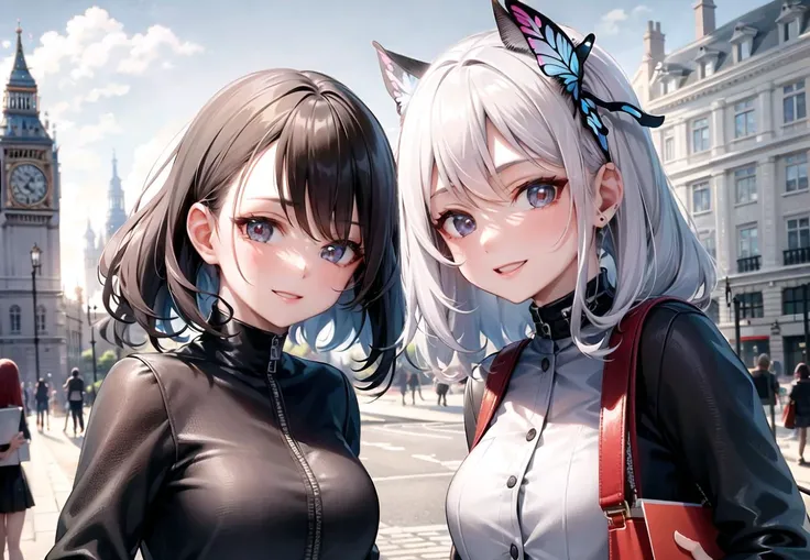 masterpiece, best quality, ultra-detailed,texture, detail eyes,8k,((a group of young girls shopping  on London street)),luxury,white hair,black hair,red hair,smiling,thinking, foreground, middle ground, background,super car,dynamic angle,smartphone,(shopping bags),flower,butterfly,(head on frame),wide angle,from below,((sefie))
