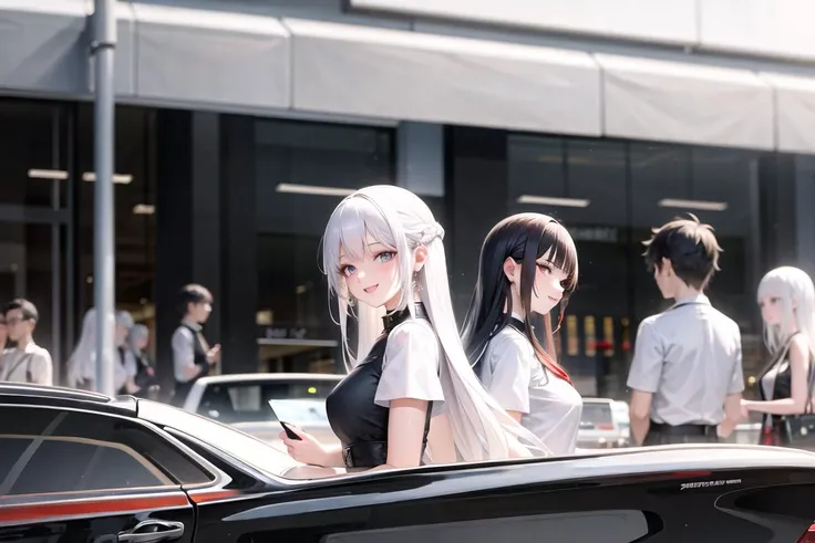 masterpiece, best quality, ultra-detailed,texture, detail eyes,8k,a group of young girls shopping at store,luxury,white hair,black hair,red hair,smiling,thinking, foreground, middle ground, background,super car,dynamic angle,smartphone,