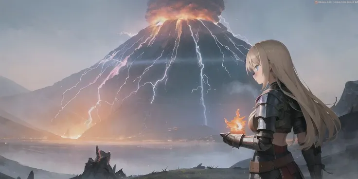 masterpiece, best quality, super detail, illustration, rpg, lightning, outdoor, epic, 1 girl, solo, warrior, armor, volcano, hot lava, smog, sky in smoke, gloomy, tension, volcano background, naturalistic, figurative, pictorial, impressionistic, expressive, ionistic, abstract, innovative, experimental, unique