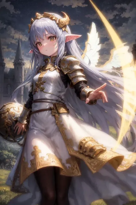 masterpiece, best quality, ultra-detailed, illustration, 1girl, solo, fantasy, flying , holy light, night sky, outdoors, divine, sun, clouds, wind, hair, helmet, heavy armor, glowing, sanctity, enchanting,  gorgeous, playful, adventurous, freedom, wonder, imagination, determination, skill,  energy, realism, naturalistic, figurative, representational, beauty, fantasy culture, mythology, fairy tales, folklore, legends, knight, Paladin, angel, fantasy worlds, composition, scale, foreground, middle ground, background, perspective, light, color, texture, detail, beauty, wonder