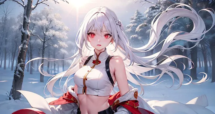 best quality, masterpiece, White hair, detailed, red eyes, windy, floating hair, snowy, upper body, detailed face, winter, trees, sunshine, midriff 23680387
<lora:chilloutmixss20_v20:0.3> <lora:Korean-doll-likeness:0.2>
