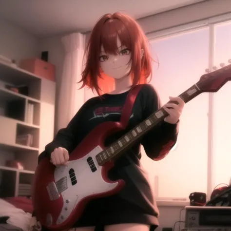 girl, playing electric guitar, sunset, messy room, red asymmetrical hair, asymetrical bangs, metal subculture, black tattoo, masterpiece, ultradetailed, piercing, smile, closed mouth, straight lines,