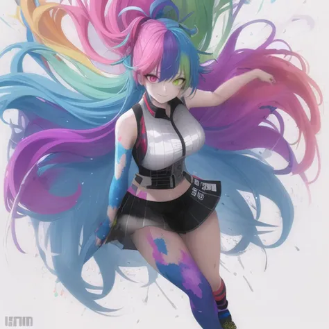 1girl, multicolored hair, high saturation, bright colors, colorful, 8k, masterpiece, high quality, ultra realistic, ultra instinct, asymmetrical long hair, asymmetrical legwear, high socks, heterochromia, paintbrush, paint splashing, detailed face, smile, ultra detailed, motion blur, top down view, detailed eyes, splashed with paint, paint on skin, paint on clothes