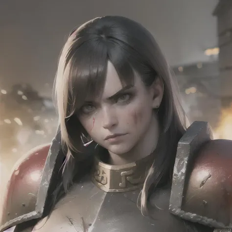 (A realistic photo of a strong and muscular warhammer 40k battle sister), determined look, staring at camera,  detailed face, strong male features, nikkon, hdr, 130mm f1.4 lens, (bloody face), scarred face
