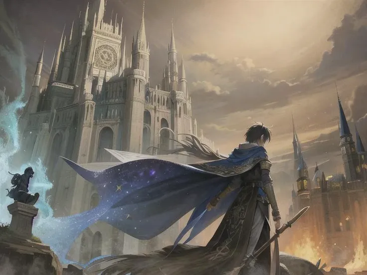 masterpiece, best quality, ultra-detailed, illustration, 1man, solo, fantasy, dark wizard, broom, night sky, inside castle, magic, spells, mysterious, skill, realism, naturalistic, mythology, folklore, legends, wizards, fantasy worlds, composition, scale, middle ground, background, perspective, detail, cinematic.