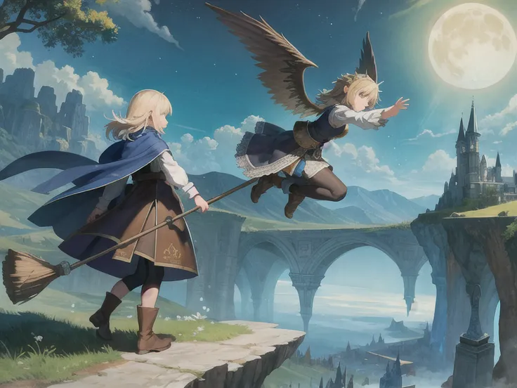 masterpiece, best quality, ultra-detailed, illustration, 1man, solo, fantasy, dark wizard, broom, night sky, outdoors, magic, spells, moon, stars, clouds, wind, cape, boots, broomstick, glowing, mysterious, enchanting, whimsical, playful, adventurous, freedom, wonder, imagination, determination, skill, speed, movement, energy, realism, naturalistic, figurative, representational, fantasy culture, mythology, fairy tales, folklore, legends, wizards, magical creatures, fantasy worlds, composition, scale, foreground, middle ground, background, perspective, light, color, texture, detail, cinematic, wonder.