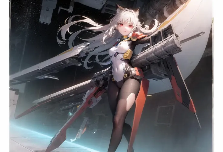 (masterpiece, best quality, extremely detailed CG, beautiful detailed red eyes, ultra-detailed, perfect face, ultra-detail, floating in Space capsule, intricate details:1.2), full body, colorful, technology, mecha musume, exploration, space marine, pose, future light armor, tights, medium breasts, animal ears, saber, serious expression, (1 girl with long hair, spaceship, outer space, space space shuttle, spacecraft, floating hair, universe:1) equips future weapons, technology, serious expression, bleak scene, vast horizon, (super wide angle:1.3)