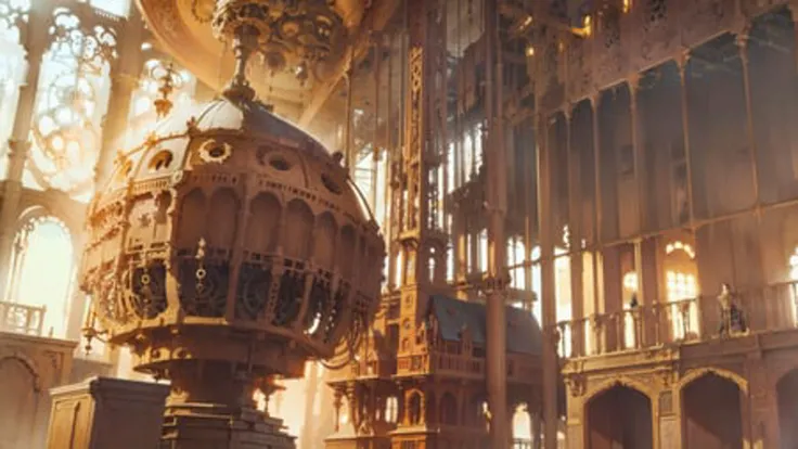 at the steampunk world fair, giant shiny machines and gears and pipes and balloons, victorian wood and white architecture, beautiful, vivid, sunny, anime movie still, ghibli style,