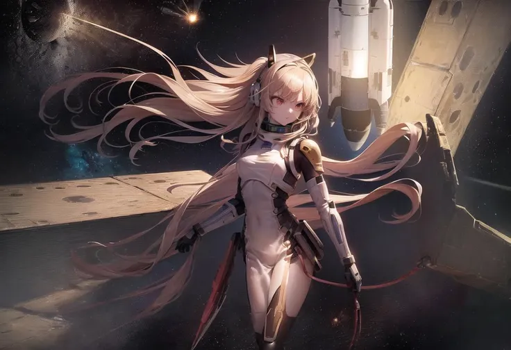 (masterpiece, best quality, extremely detailed CG, beautiful detailed red eyes, ultra-detailed, perfect face, ultra-detail, in spaceship, intricate details:1.2), full body, colorful, technology, mecha musume, exploration, space marine, pose, future light armor, tights, medium breasts, animal ears, saber, serious expression, (1 girl with long hair, spaceship, outer space, space space shuttle, spacecraft, floating hair, universe, :1.3) equips future weapons, technology, serious expression, bleak scene, vast horizon, (super wide angle:1.3)