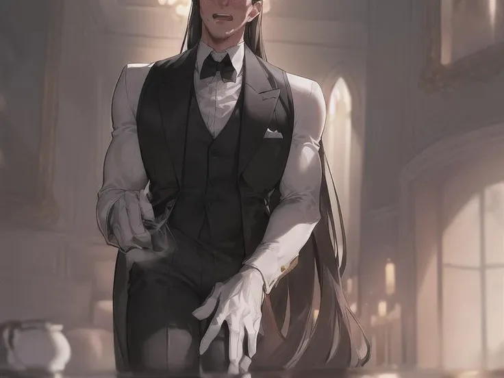 (masterpiece),(best quality:1.3),(ultra detailed:1.2),(highres:1.1),(extremely detailed CG), illustration, (handsome man, male butler, muscular man, butler:1.6), (dynamic pose), (blush:1.3), beautifully detailed background, depth of field, realistic:1.3, (ambient light, close up:1.4),(cinematic composition:1.3),(HDR:1), Accent Lighting, from below, brown eyes, black hair, (long straight hair:1.4), (embarrassed,sweating:1.1), tongue out, drooling saliva, open mouth, (thick eyebrows:1.2), rolling eyes, (transparent clothes:1.4)