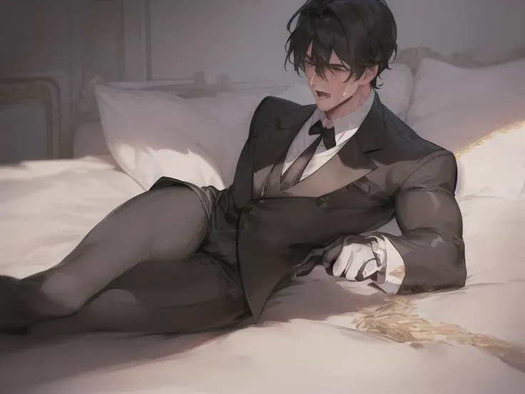 (masterpiece),(best quality:1.3),(ultra detailed:1.2),(highres:1.1),(extremely detailed CG), illustration, (handsome man, male butler, muscular man, butler, handsome butler, lying on bed, erotic:1.7), (sucking on panties:1.7), (dynamic pose), (blush:1.3), detailed penis, detailed eyes, beautifully detailed background, depth of field, realistic:1.3, (ambient light),(cinematic composition:1.3),(HDR:1), Accent Lighting, from below, brown eyes, black hair, (embarrassed,sweating:1.1), tongue out, drooling saliva, open mouth, (thick eyebrows:1.2),