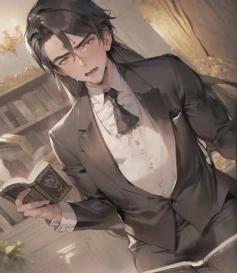 (masterpiece),(best quality:1.3),(ultra detailed:1.2),(highres:1.1),(extremely detailed CG), illustration, (handsome muscular man:1.5), (male butler:1.6), (reading a book:1.6), (blush:1.3), beautifully detailed background, depth of field, realistic:1.3, (ambient light:1.3),(cinematic composition:1.3),(HDR:1), Accent Lighting, from below, brown eyes, black hair, ((long straight hair)), tears, (embarrassed:1),(sweating:1.1), tongue out, drooling saliva, open mouth, (thick eyebrows:1.2), (rolling eyes), (erotic:1.5), (crying:1.1), (transparent clothes: 1.5), steam, hard-on,