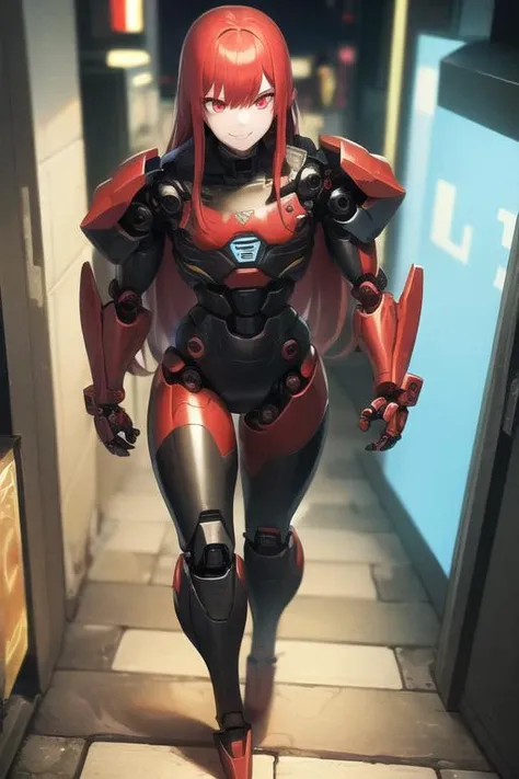 1boy, trap, androgynous, ((solo)), masterpiece, gloves,muscular, flat chest, curvy, red hair,bangs,long hair, full body, walking, ((red robot joints, red robot, red mechanical parts)), red eyes, [evil grin], cyberpunk, night, neon lights, alley