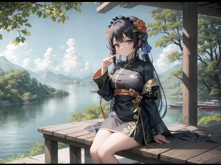 ((best quality)), masterpiece, ultra-detailed, illustration, 8k uhd, high resolution, (1girl:1.2), solo, outdoors, landscape, wide shot, nature, {West Lake, Hangzhou, China}, {calm, peaceful}, {blue water, green mountains}, {boats, pavilions, bridges}, {sunset, orange sky}, {tourists, locals}, travel photography, (scenic:1.2)