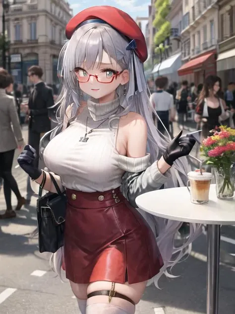 best quality, masterpiece, absurdres, wide shot, grey hair, very long hair, blue eyes, bright pupils, huge breasts, turtleneck sweater, off shoulder, bare shoulders, long sleeves, ((round eyewear)), necklace, stud earrings, ribbed sweater, (checked skirt:1.3), (red beret), ((white thighhighs)), mary janes, fingerless gloves, elbow gloves, handbag, thigh strap, standing, smile, outdoors, street, lamppost, european architecture, France, Avenue des Champs-lyses, shop, cafe, lounge chair, fashion, fashionable, trendy, modern, hot, chic, stylish, swank, brilliant, vivid, radiant, popular, attractive, favored, well-liked, lovable, social,