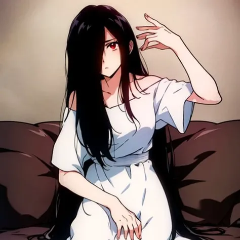 ((masterpiece)),(best quality), absurdres,sadako_yamamura,red eyes, white dress,<lora:Sadakobest:0.8>, <lora:evangelion1995Style_v1:0.8>,