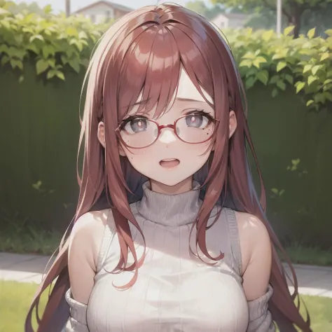 masterpiece, best quality, ultra-detailed, high resolution,1girl, long hair, red hair, bright pupils, cure beauty, bare shoulders, trendy, outdoors, standing, (finely detailed face:1.2), cinematic light,18-year-old, wear sweater and glasses, ultra-high res, lively expression, tear mole