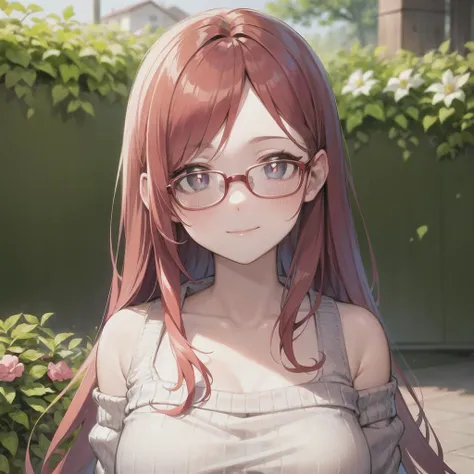 masterpiece, best quality, ultra-detailed, high resolution,1girl, long hair, red hair, bright pupils, cure beauty, bare shoulders, trendy, outdoors, standing, (finely detailed face:1.2), cinematic light,18-year-old, wear sweater and glasses, ultra-high res