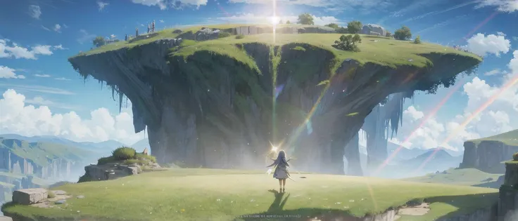 masterpiece, best quality, ultra-detailed, illustration, 2girls,fantasy, RPG, heroine, outdoors, epic, dramatic, dynamic, magic, shadow, impact, realism, naturalistic, video game culture, anime, manga, Japanese, RPG tropes, character design, animation, special effects, composition, scale, high ground, background, perspective, light, light shafts, sunrays, professional lighting, color, texture, detail, beauty, wonder, cinemascope, scenery, panorama, aerial view, mountain, lens flare, depth of field