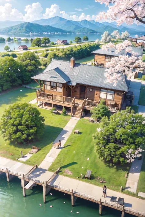 (masterpiece:1,2), best quality, masterpiece, highres, original, extremely detailed wallpaper, Cherry blossoms, falling petals, green hills, river, lake, ((cabin)), spring, blue sky, sunny. wide-angle lens, (extremely detailed CG:1.2), (8k:1.1),Aerial view