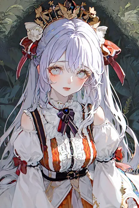 masterpiece, best quality, ((1girl)), light purple hair, amber eyes, orange sleeves, mullet, , <lora:style1Style2_v10:1>