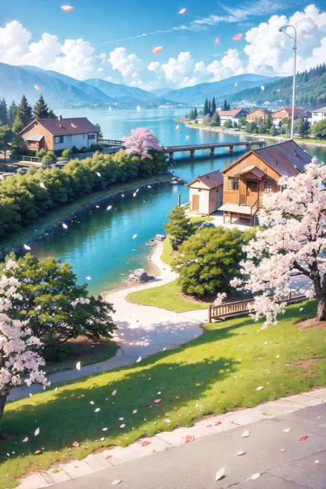 (masterpiece:1,2), best quality, masterpiece, highres, original, extremely detailed wallpaper, Cherry blossoms, falling petals, green hills, river, lake, ((cabin)), spring, blue sky, sunny. wide-angle lens, (extremely detailed CG:1.2), (8k:1.1),Aerial view