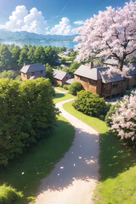 (masterpiece:1,2), best quality, masterpiece, highres, original, extremely detailed wallpaper, (Cherry Blossom Forest: 1.5), (Cottage: 1.1), (Green Terraced Fields: 1.1), (Path: 1.25), Spring, cherry blossoms falling, (Clouds: 1.0), (Lake: 1.0), (Extremely detailed CG: 1.2), (8k: 1.1), Aerial view