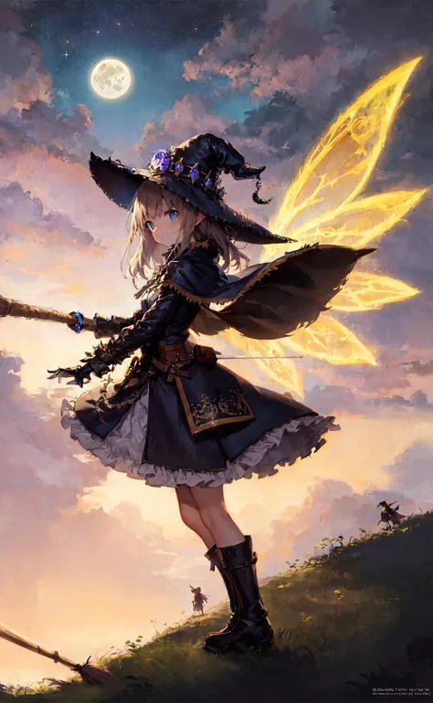 masterpiece, best quality, ultra-detailed, illustration, 1girl, solo, fantasy, flying, broom, night sky, outdoors, magic, spells, moon, stars, clouds, wind, hair, cape, hat, boots, broomstick, glowing, mysterious, enchanting, whimsical, playful, adventurous, freedom, wonder, imagination, determination, skill, speed, movement, energy, realism, naturalistic, figurative, representational, beauty, fantasy culture, mythology, fairy tales, folklore, legends, witches, wizards, magical creatures, fantasy worlds, composition, scale, foreground, middle ground, background, perspective, light, color, texture, detail, beauty, wonder.