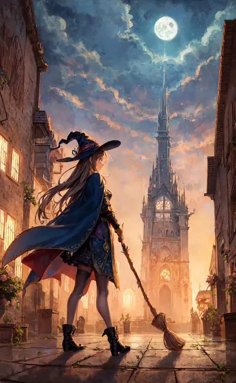 masterpiece, best quality, ultra-detailed, illustration, 1girl, solo, fantasy, flying, broom, night sky, outdoors, magic, spells, moon, stars, clouds, wind, hair, cape, hat, boots, broomstick, glowing, mysterious, enchanting, whimsical, playful, adventurous, freedom, wonder, imagination, determination, skill, speed, movement, energy, realism, naturalistic, figurative, representational, beauty, fantasy culture, mythology, fairy tales, folklore, legends, witches, wizards, magical creatures, fantasy worlds, composition, scale, foreground, middle ground, background, perspective, light, color, texture, detail, beauty, wonder.