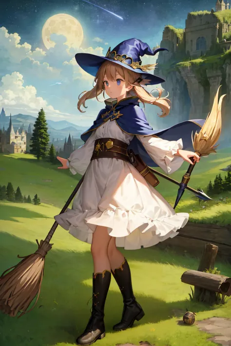 masterpiece, best quality, ultra-detailed, illustration, 1girl, solo, fantasy, flying, broom, night sky, outdoors, magic, spells, moon, stars, clouds, wind, hair, cape, hat, boots, broomstick, glowing, mysterious, enchanting, whimsical, playful, adventurous, freedom, wonder, imagination, determination, skill, speed, movement, energy, realism, naturalistic, figurative, representational, beauty, fantasy culture, mythology, fairy tales, folklore, legends, witches, wizards, magical creatures, fantasy worlds, composition, scale, foreground, middle ground, background, perspective, light, color, texture, detail, beauty, wonder.