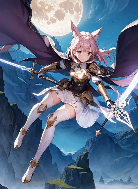 masterpiece, best quality, ultra-detailed, illustration, 1girl, solo, fantasy, wielding sword, fight, night sky, outdoors, moon, stars, light armor jacket, clouds, wind, shoulder length pink hair, cape, white boots, black pantyhose, glowing, mysterious, enchanting, whimsical, playful, adventurous, freedom, wonder, imagination, determination, skill, speed, movement, energy, realism, naturalistic, figurative, representational, beauty, fantasy culture, mythology, fairy tales, folklore, legends, fantasy worlds, composition, scale, foreground, middle ground, background, perspective, light, color, texture, detail, beauty, wonder, ghibli style, close up
<lora:studioGhibliStyle_offset:0.1>