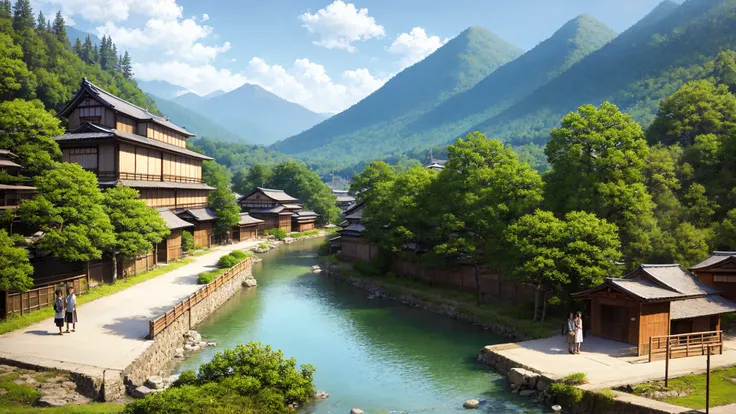 ((masterpiece)), best quality, (Subject), 35mm, village, in mountains, river, japan edo architecture, people on streets,