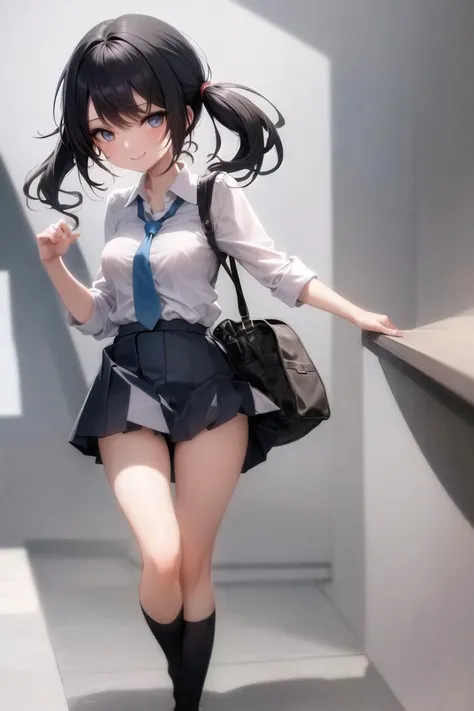 1girl, upper_body, cover, kawaii, black hair, medium_hair, short_twintails, blue eyes, (white_background:1.2), (standing:1.1), hand_on_own_hip, medium_breasts, skinny, (school_uniform:1.0), pleated_skirt, shirt_tucked_in, short_sleeves, blue mood, closed_mouth, smile, necktie, solo, looking_at_viewer, thighhighs