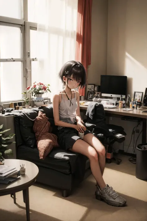 nadegata, 1girl, cup, curtains, desk, indoors, short hair, sitting, sleeveless, solo, window <lora:nadev1:0.6>