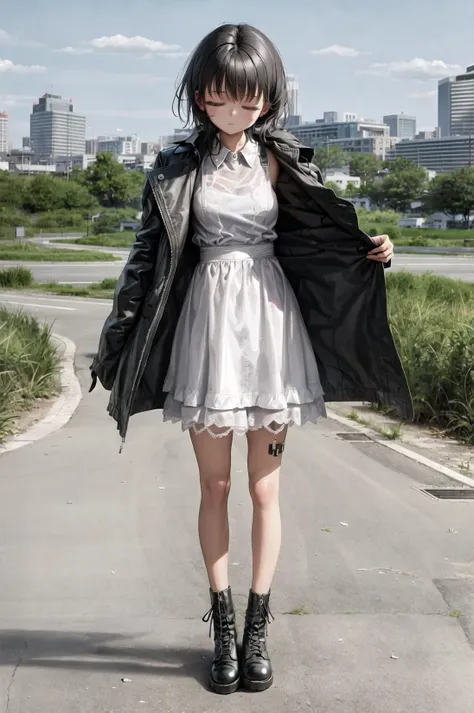 nadegata, 1girl, black footwear, black hair, boots, building, city, cityscape, closed eyes, day, dress, full body, grass, jacket, long sleeves, outdoors, road, skyscraper, solo, standing, white dress <lora:nadev1:0.6>
