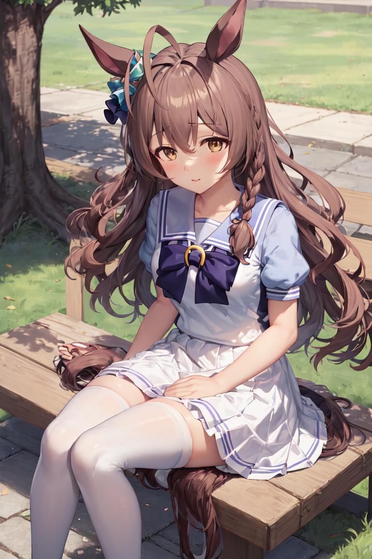 Anime girl sitting on a bench with long brown hair - SeaArt AI