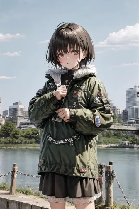 nadegata, 1girl, bangs, black skirt, bridge, brown eyes, brown hair, building, city, cityscape, day, fur trim, jacket, long sleeves, outdoors, photo background, short hair, skirt, sky, skyscraper, solo, water <lora:nadev1:0.6>