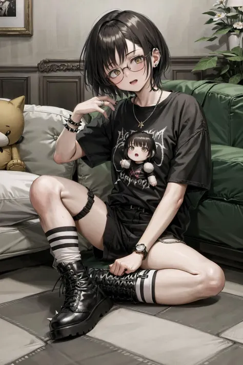 nadegata, 1girl, argyle, argyle background, armchair, asymmetrical legwear, bangs, black footwear, black hair, black shirt, blush, boots, bracelet, brown eyes, chair, checkered, checkered background, checkered floor, chess piece, clothes writing, couch, glasses, holding, indoors, jewelry, on floor, open mouth, shirt, short hair, short sleeves, sitting, socks, solo, spiked bracelet, striped, striped legwear, stuffed animal, stuffed toy, t-shirt, tile floor, tiles, watch, wristband, wristwatch <lora:nadev1:0.6>