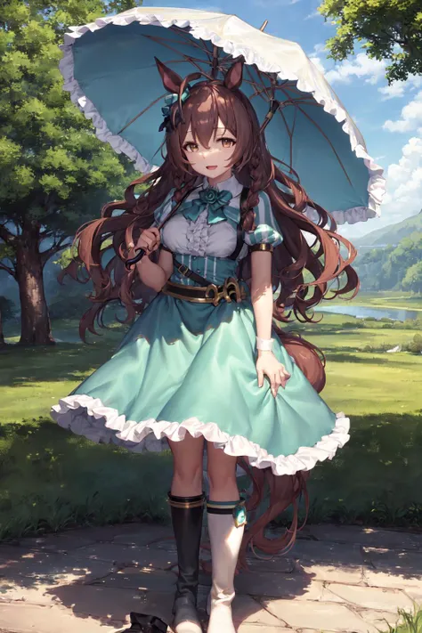 masterpiece, best quality
mejiro bright \(umamusume\),
holding umbrella, sunlight, blue sky,
full body, standing, open mouth
hair bow, collared shirt, white shirt, puffy short sleeves, center frills, frilled dress, green dress, striped, belt, green skirt, frilled skirt, white footwear, black footwear, mismatched footwear, asymmetrical footwear, knee boots
<lora:mejiro_bright_loha:0.7>