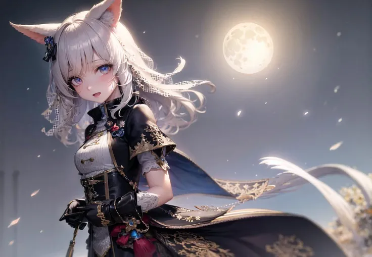 (masterpiece, best quality, extremely detailed CG, beautiful detailed eyes, ultra-detailed, intricate details:1.2), 8k wallpaper, elaborate features,

(1girl, solo:1.4),moon, full_moon, night, night_sky, 1girl, star_\(sky\), starry_sky, animal_ear,final fantasy xiv, miqo'te, white short hair,cherry blossoms, snow, hand in pocket, 


night, moon,outdoors, cliff, mountainous horizon,