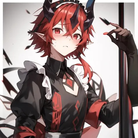 1boy, AluberDespia, standing, ((looking at viewer)), embarrassed face, blush, red hair, red eyes, horns, alternate outfit, maid, frilled maid apron, frilly dress, frilled maid headdress,