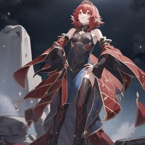 AluberDespia, 1boy, solo,standing, hands on hips, red eyes,head fins, red hair, small breasts, alternate outfit, blue dress, detached sleeves, sleeves past wrists, tiara, skirt, outstretched arms, crown, parted lips, night,sad, stone