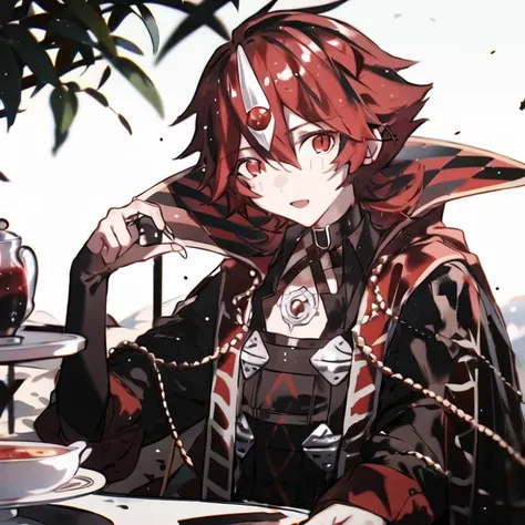 1boy, AluberDespia, facing viewer, upper body, sitting on a white_chair, outdoors scenery summer tea party, argyle cloak, checkered cloak, red hair, red eyes, masterpiece, intricate details,