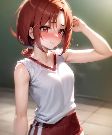 (masterpiece:1.2), best quality, 1girl, hino_akane_\(smile_precure!\),
upper body, white shirt, (red shorts:1.1), (sleeves_rolled_up:1.1), v-neck,
sweat, (droplets:0.9), nose blush, (eyelashes:1.1),
red eyes, (red:1.1) hair, (short hair:1.2), short ponytail, (low ponytail:1.2), (x hair ornament:1.2), parted bangs,
solo, court,
<lora:rolled-10:0.8>