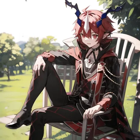 1boy, AluberDespia, sitting on a white_lawn_chair, DespiaHorns, argyle cloak, checkered cloak, choker, red gemstone,