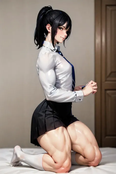 (masterpiece, 4k ,ultra detailed:1.2),(beautiful face:1.2),(anime:1.2),illustration,(realistic:1),
(solo:1.2),
(smirk,smug:1),
(looking at viewer:1.4),(from side:1.2),

(kneel down on one knee:1.2),(supermodel:1.4),

(indoor,bedroom:1.2),(simple background:1.2),

(tie,schoolgirl_uniform,long sleeve dress shirt,black pleated skirt,socks:1.2),

(black_hair),(medium length hair,ponytail),

(cleavage:0.5), (wide_hips:1),(milf,mature,35 years old:1.2),(curvy:1.1),(flat chest:1.2),

<lora:hipoly3DModelLora_v10:0.2>,
<lora:Cnbeauty4_v1:0.4>,

 <lora:musctonkStyle_v10:1>,(muscular:1.2),(calf muscle,thigh muscle:1.5),