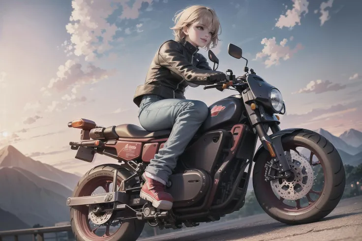 (masterpiece, best quality, extremely detailed CG, beautiful detailed eyes, ultra-detailed, intricate details:1.2), 8k wallpaper, elaborate features
, (ultra wide shot , long shot, angle of inclination from the front and from below|from side:1.4)
, (1girl , solo, (riding_a_akira_motorbike, steering_wheel:1.5), streaked hair, short hair, blond hair, wearing black lether jacket , short jean woman)
, cute face, detail eyes , detail face , beuatiful eyes, perfect body
, (outside city, street, glass field landscape background, far away mountain:1.2)
, alone, smile satisfied