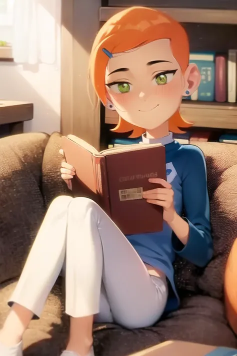 masterpiece, best quality, 1girl, (Gwendolyn Tennyson, green one piece swimsuit), blush, light smile, closed mouth, reading book, holding book,  , beach, towel, detailed background,  <lora:gwendolynTennysonBen_v10:1>