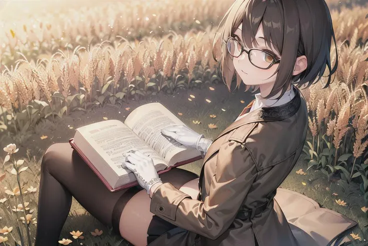 ((masterpiece,best quality,extremely detailed cg unity 8k wallpaper)),1girl, solo, short hair, brown hair, brown eyes, coat, black thighhighs, glasses, gloves, skirt, sitting, holding book, reading, looking at book, wheat field